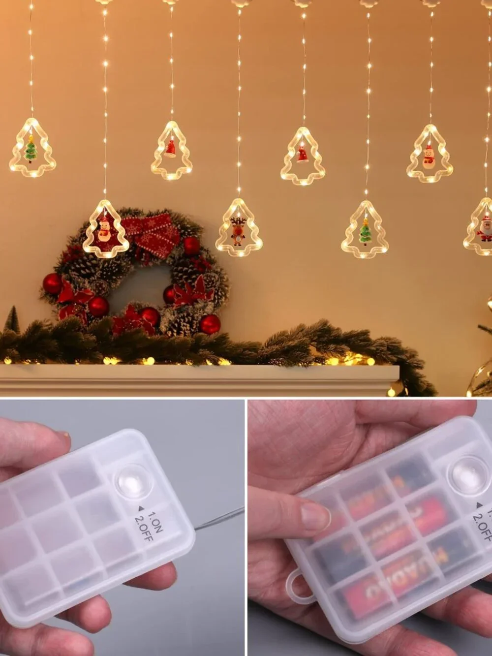 Christmas Window Curtain Lights 10 Ornaments 120 LED Battery Operated Warm White